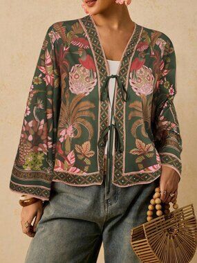 Dark Green Boho Women's Plus Size Vacation Plant Print Front Tie Shirt
